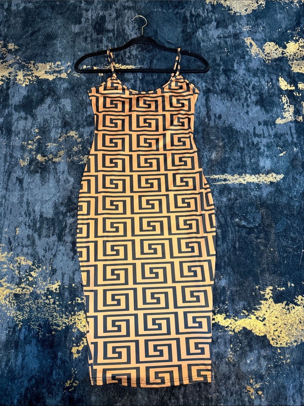 Beige & Black Geometric Bodycon Midi Dress